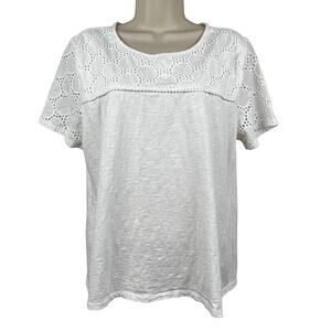 Talbots Blouse Top Cotton Slub Knit Lace Embroidered Short Sleeve White Large